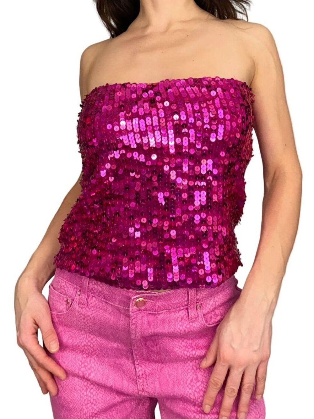 y2k 2000s hot pink sequin embellished knit tube top